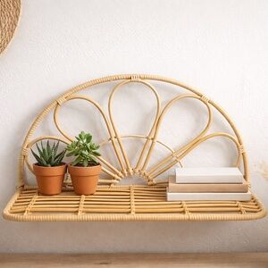 Boho Rattan Wall Shelf Fan Back Wicker Hanging Display Shelf